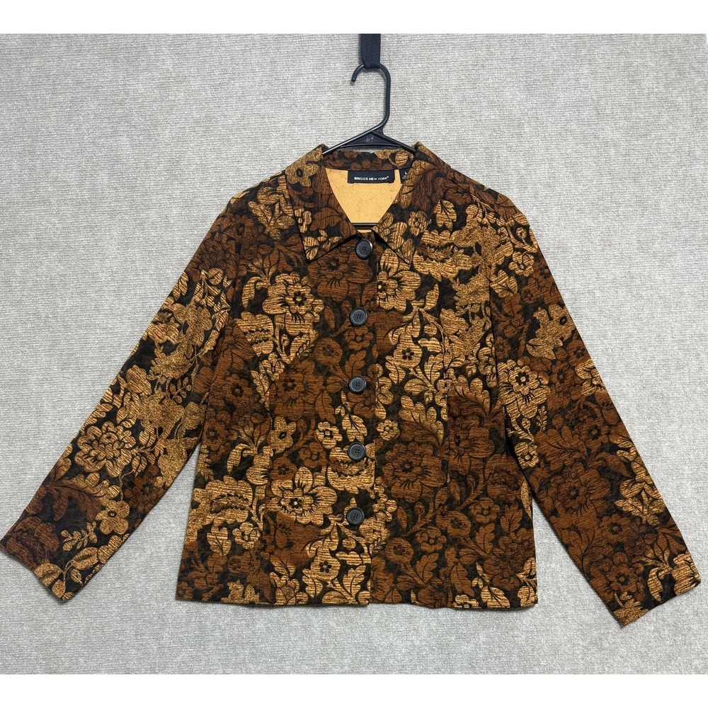 Briggs New York Jacket Womens Large Blazer Brown Gold Floral Button Up‎ Vintage